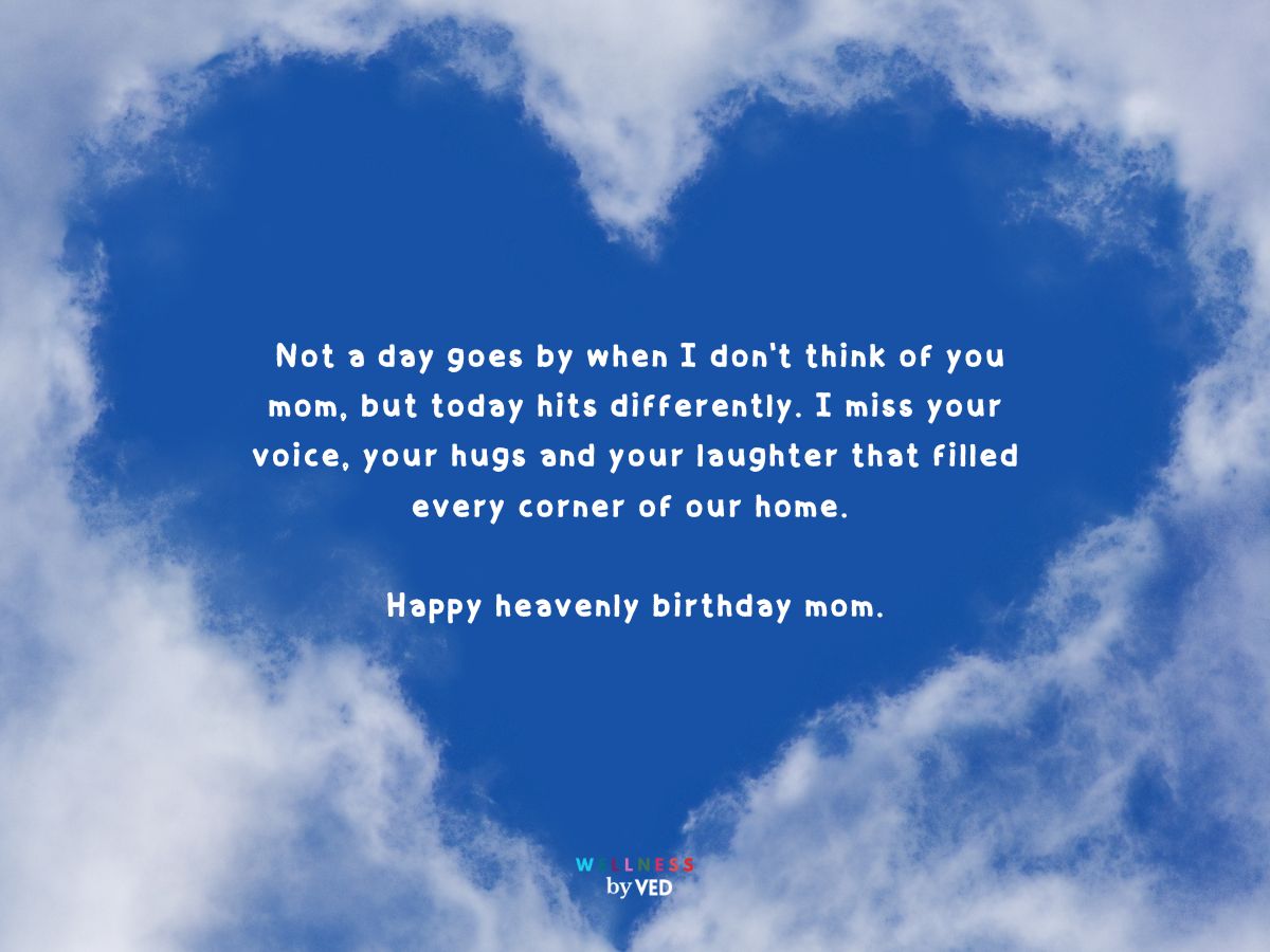 Happy heavenly birthday mom message with heart clouds 